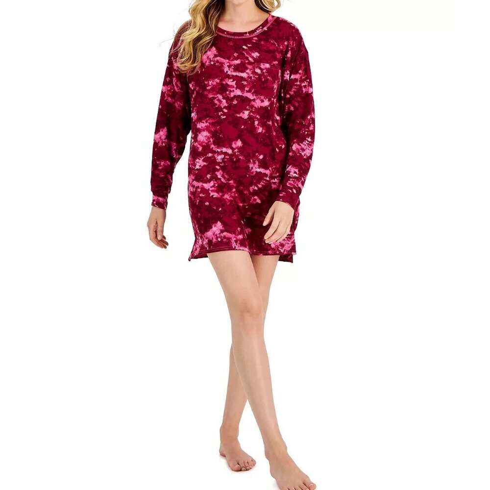 Jenni Women's Soft Long-Sleeve Sleepshirt, Red Pink Bold Multi Tie Dye
